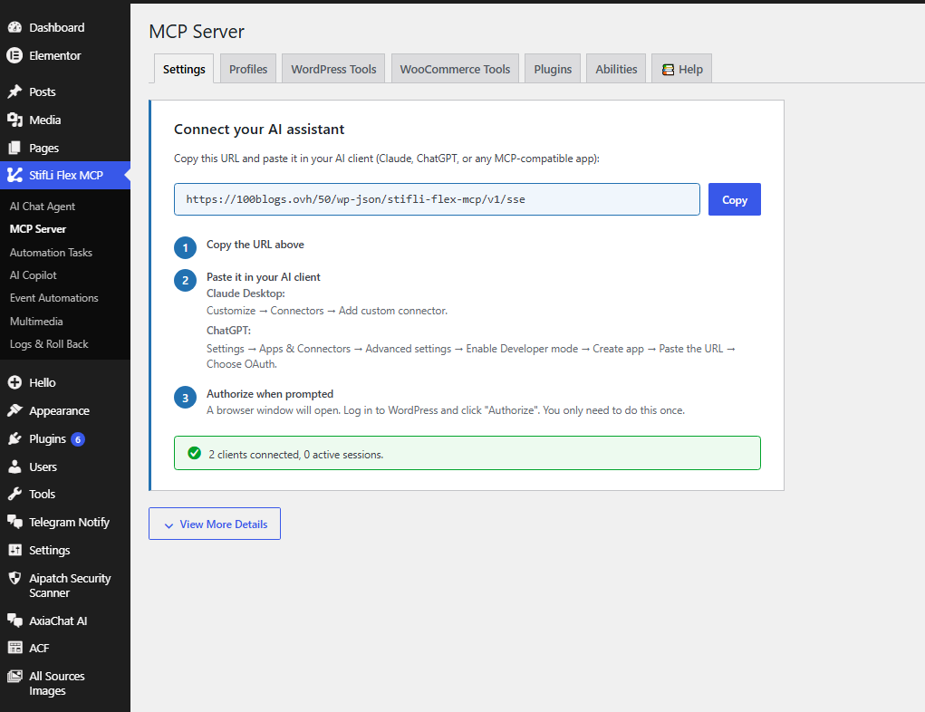 Flex MCP WordPress MCP plugin server screen showing the MCP endpoint URLs and authentication setup