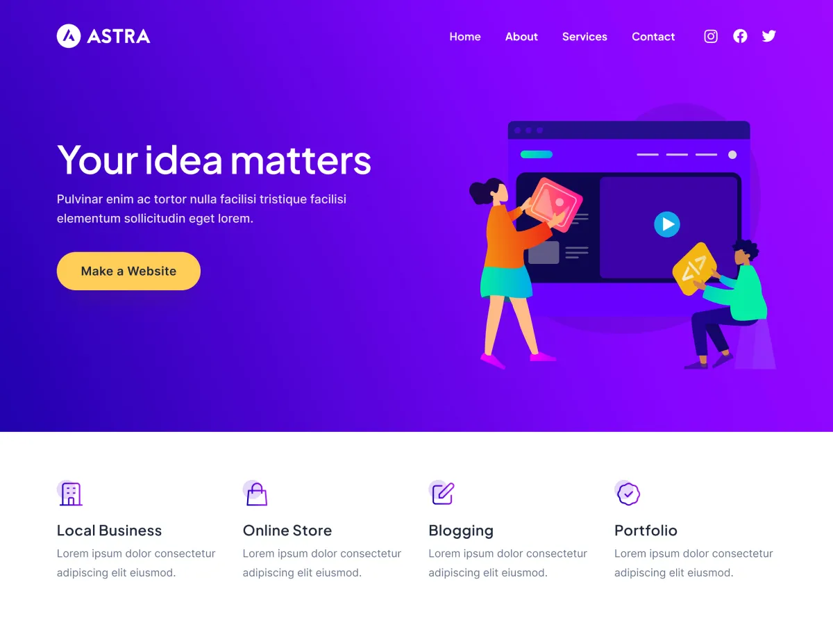 Official WordPress.org screenshot of the Astra free WordPress theme, a layout novelists and authors can use for an author website