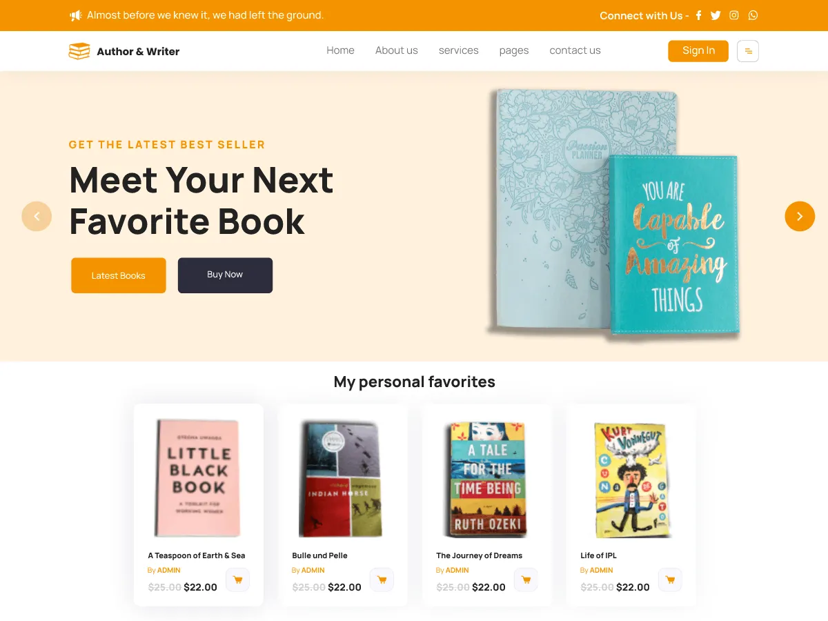 Official WordPress.org screenshot of the Author Writer free WordPress theme, a layout novelists and authors can use for an author website