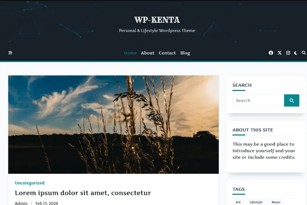 Demo homepage of the Kenta Writer Hub free WordPress theme, a layout novelists and authors can use for an author website