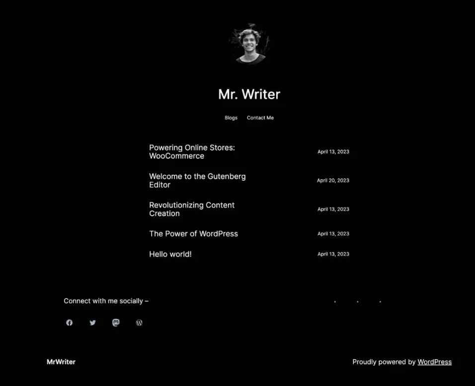 Demo homepage of the MrWriter free WordPress theme, a layout novelists and authors can use for an author website