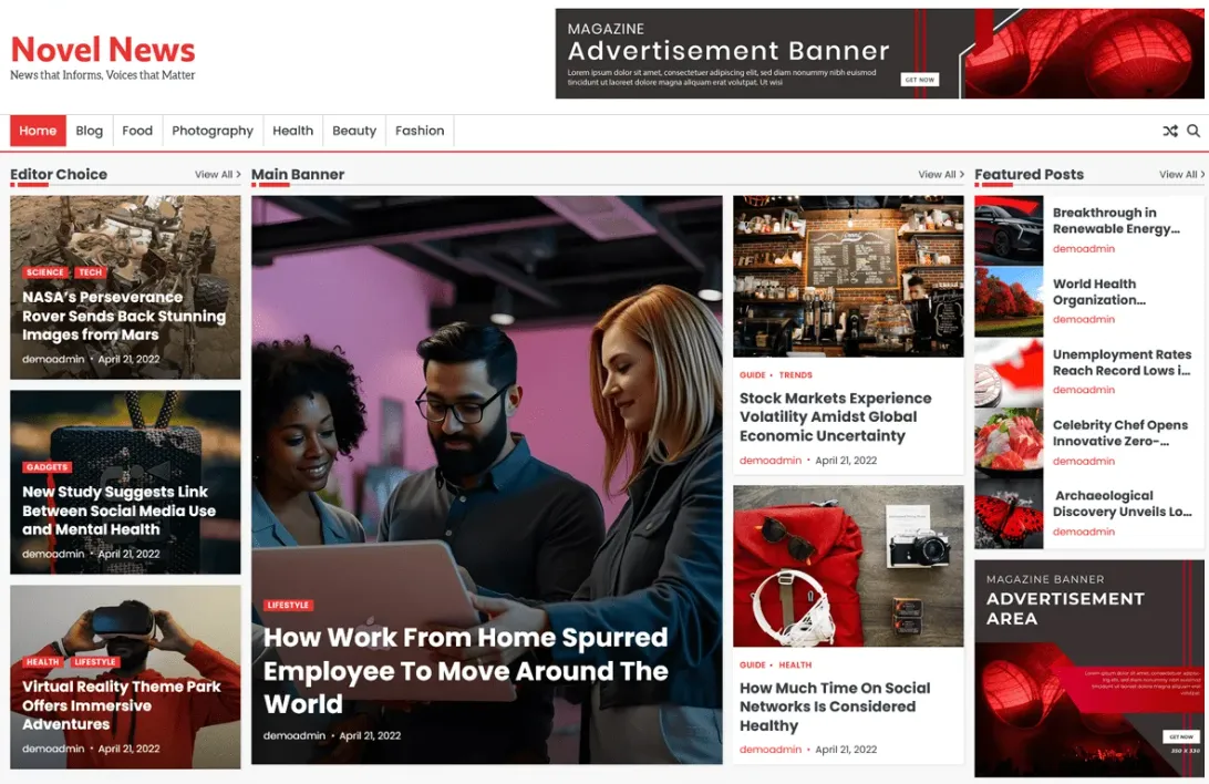 Demo homepage of the Novel News free WordPress theme, a layout novelists and authors can use for an author website