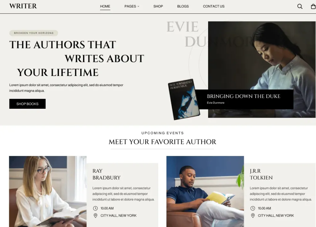 Demo homepage of the Novel Writer free WordPress theme, a layout novelists and authors can use for an author website