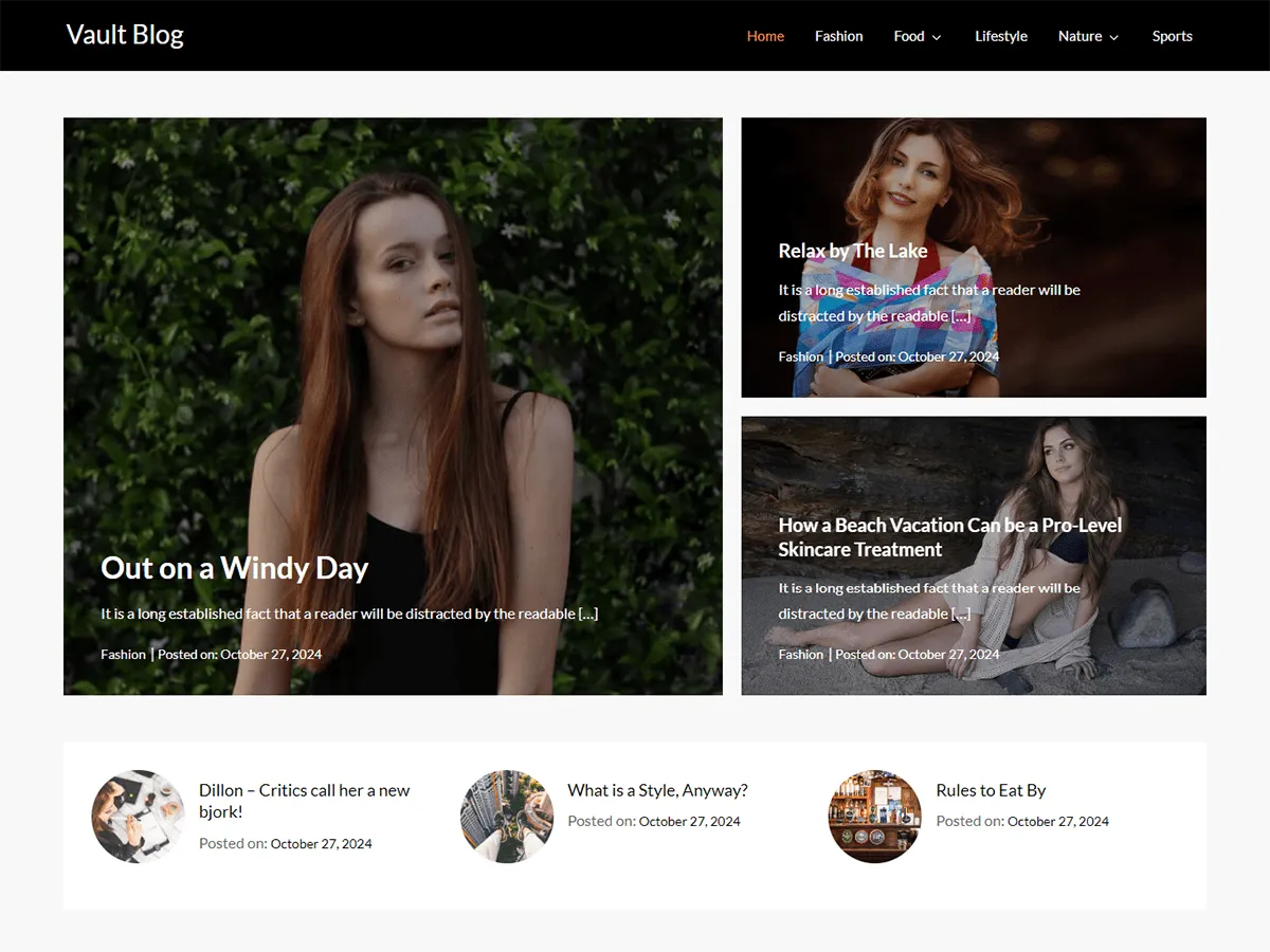 Official WordPress.org screenshot of the Vault Blog free WordPress theme, a layout novelists and authors can use for an author website