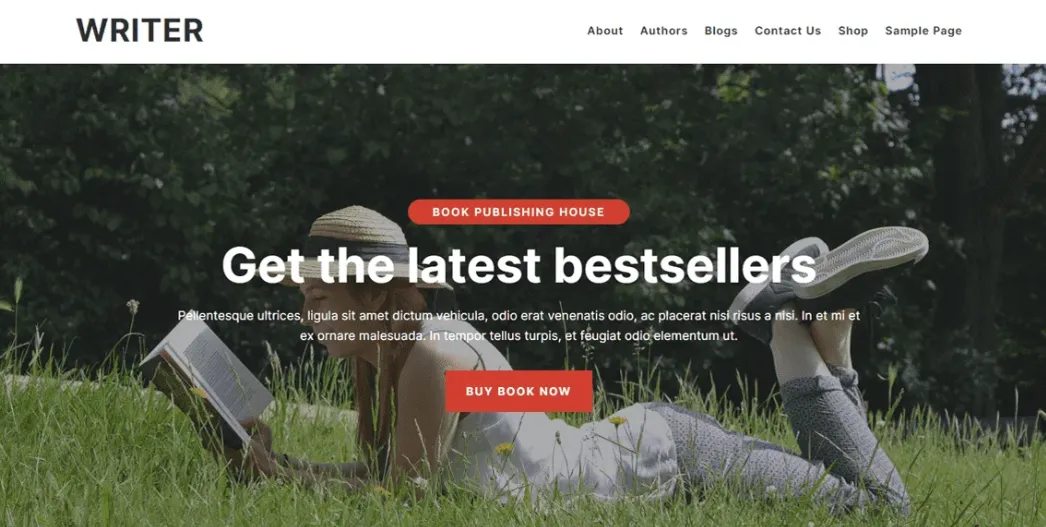 Demo homepage of the Writer FSE free WordPress theme, a layout novelists and authors can use for an author website