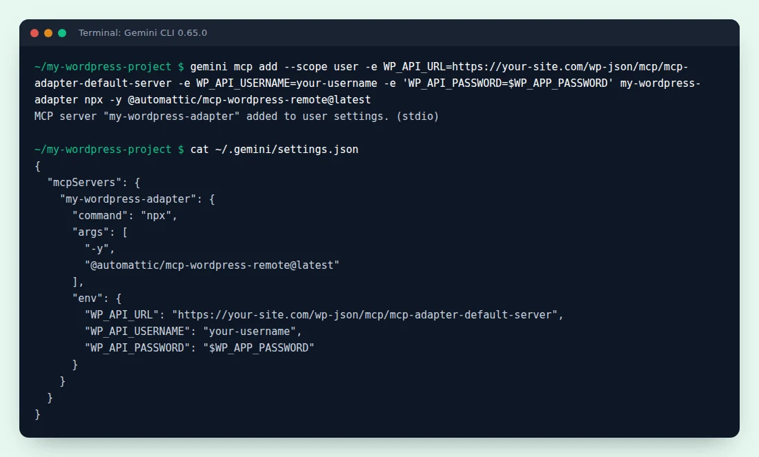 gemini mcp add registering the mcp-wordpress-remote proxy for the WordPress MCP Adapter with WP_API_URL, WP_API_USERNAME and WP_API_PASSWORD, and the resulting settings.json entry.