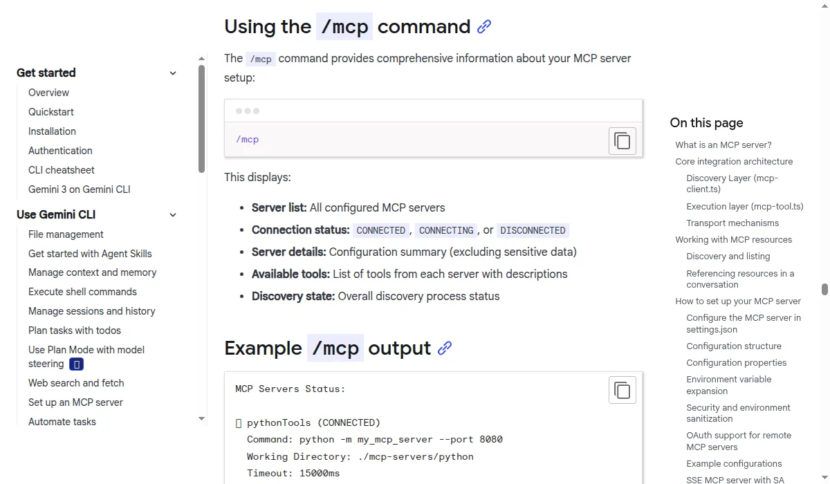 The Gemini CLI documentation section Using the /mcp command, listing server list, connection status, server details, available tools and discovery state.