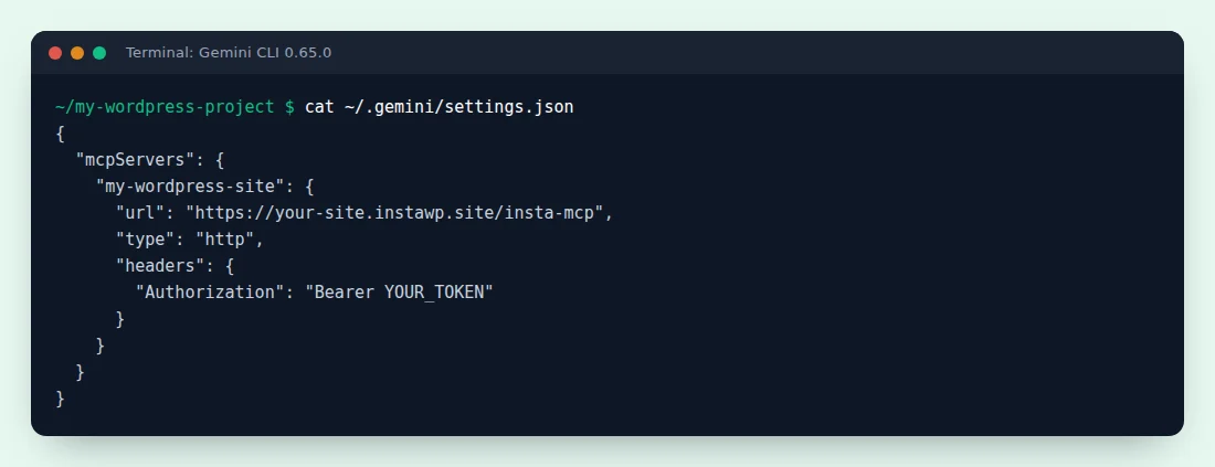 The ~/.gemini/settings.json file after gemini mcp add, with an mcpServers entry holding the InstaMCP url, type http and an Authorization header.