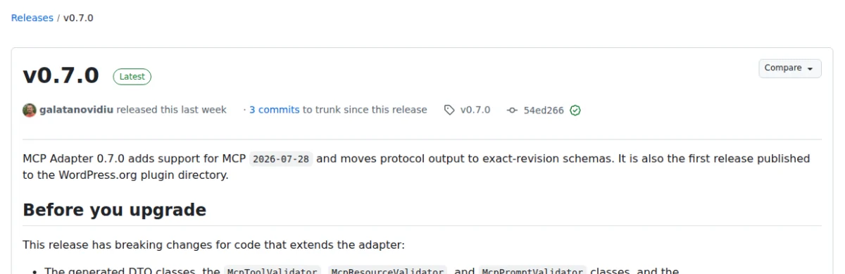 The GitHub release page for WordPress/mcp-adapter v0.7.0, marked Latest, with its tag and commit, the release a GitHub MCP agent reads with get_latest_release.