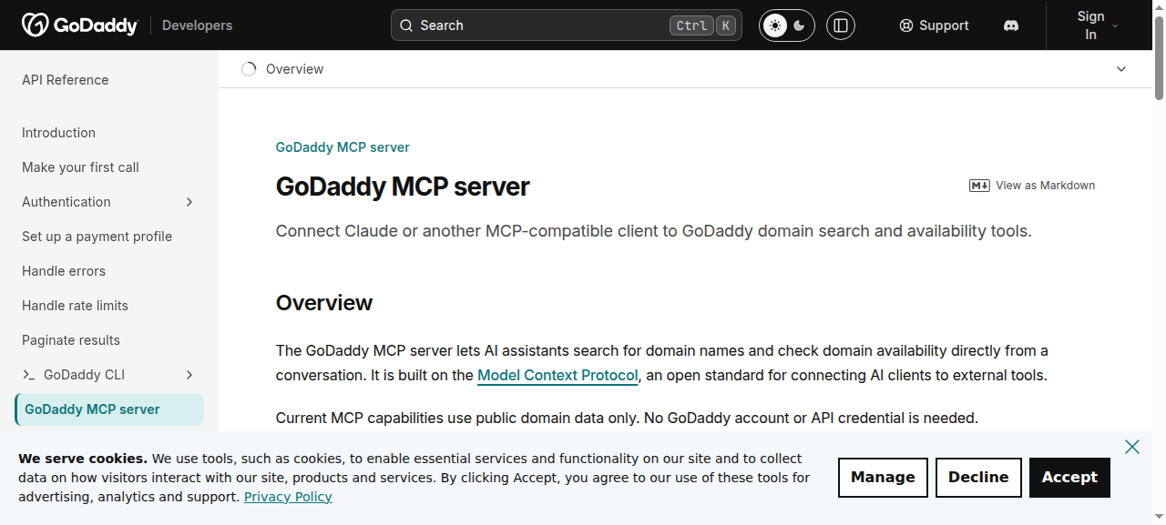 GoDaddy MCP server developer page: connect Claude or another MCP client to GoDaddy domain search and availability tools, no account needed