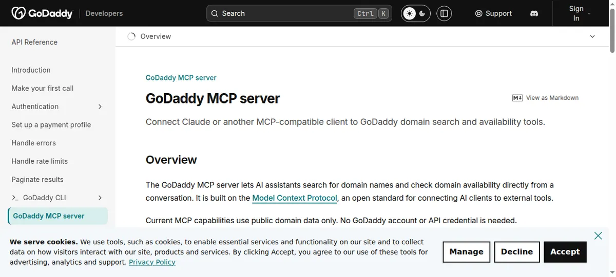 GoDaddy MCP server developer page: connect Claude or another MCP client to GoDaddy domain search and availability tools, no account needed