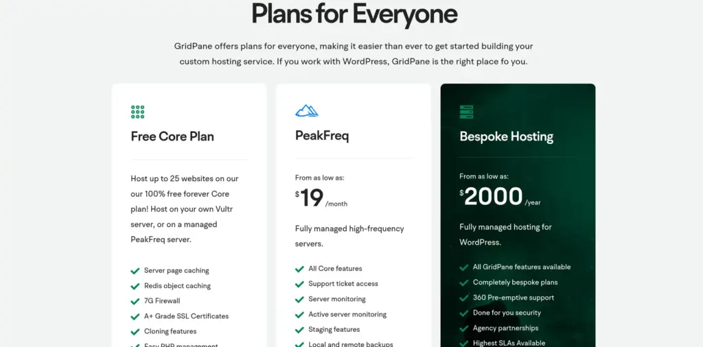 GridPane plans page showing the Free Core Plan for up to 25 websites on your own Vultr server or a managed PeakFreq server, PeakFreq from $19 a month and Bespoke Hosting from $2,000 a year.