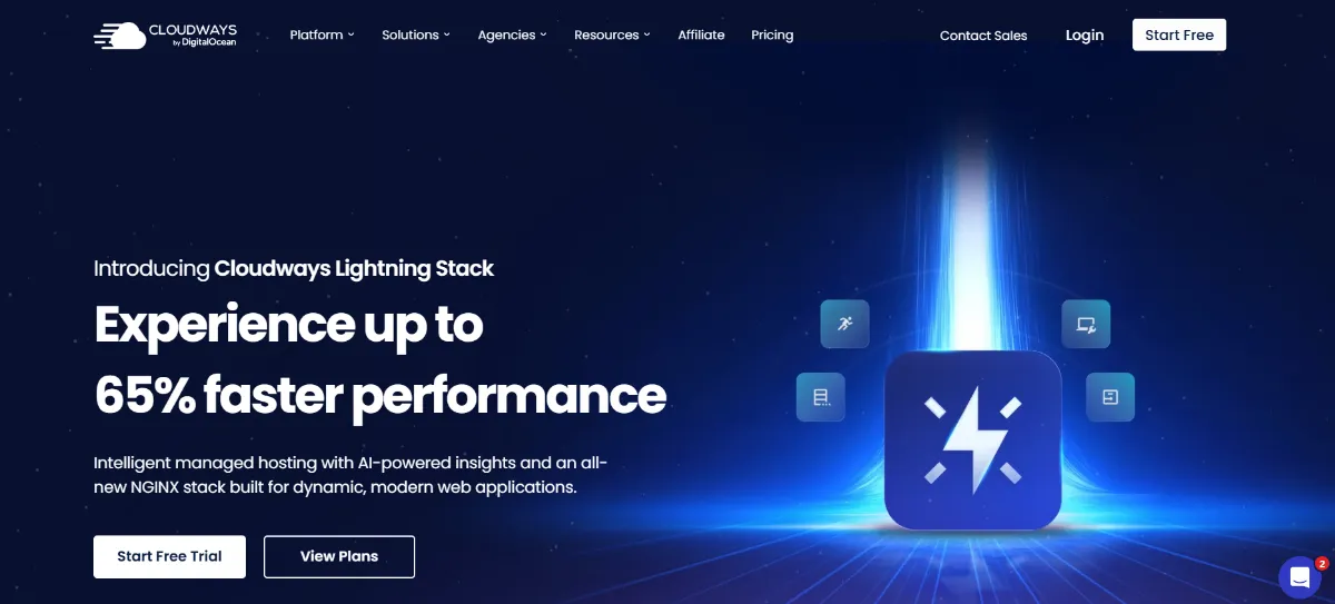 Cloudways homepage introducing the Cloudways Lightning Stack for managed cloud hosting