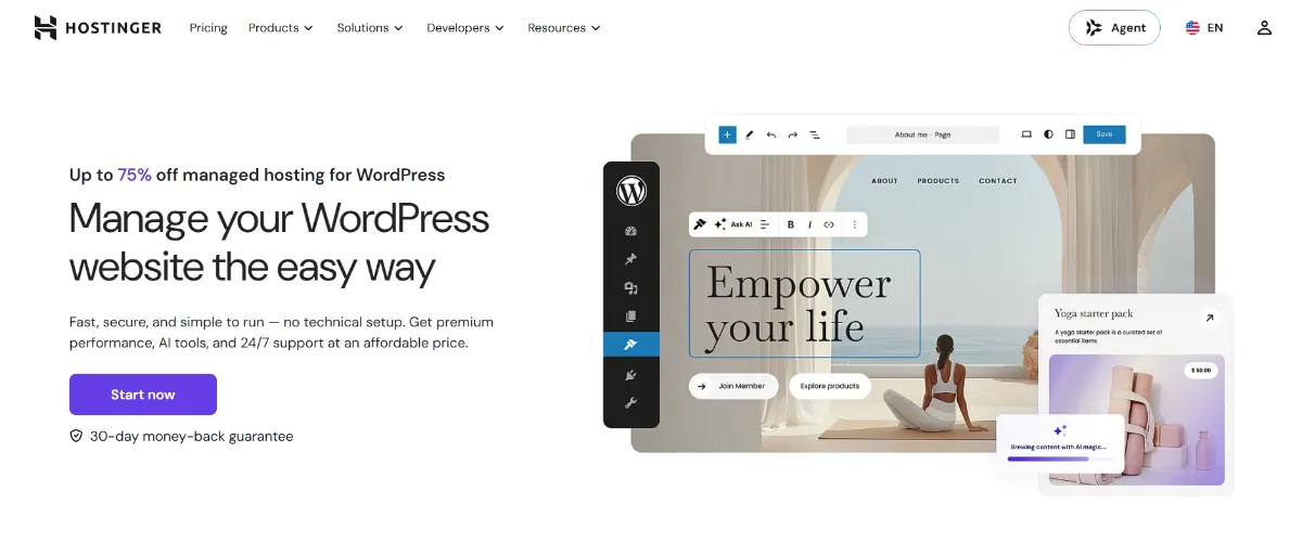 Hostinger managed WordPress hosting page with a 30-day money-back guarantee