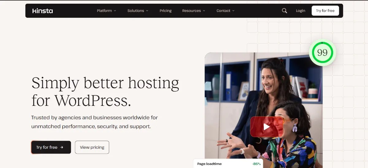 Kinsta homepage: simply better hosting for WordPress