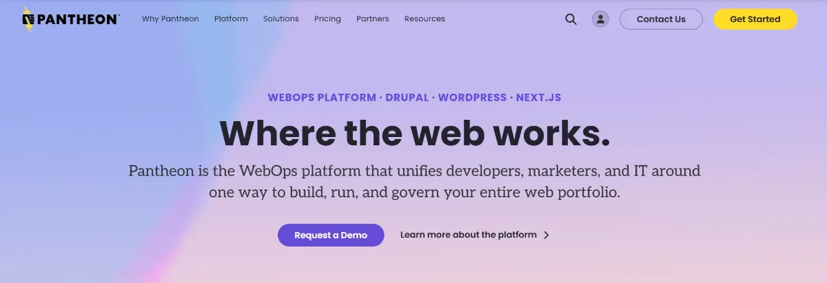 Pantheon homepage: the WebOps platform for Drupal, WordPress and Next.js