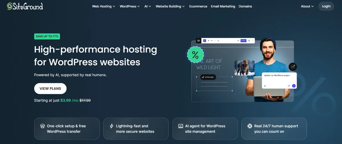 SiteGround WordPress hosting page with promotional pricing and a $17.99 regular price