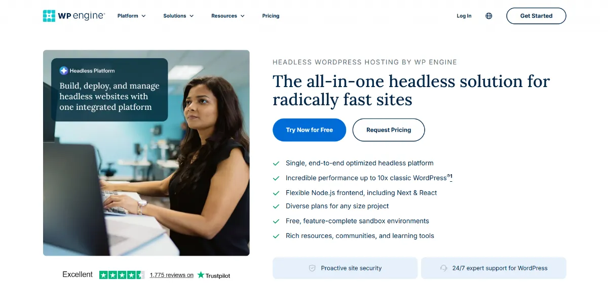 WP Engine Headless Platform page: the all-in-one headless solution with a Node.js frontend and free sandbox environments