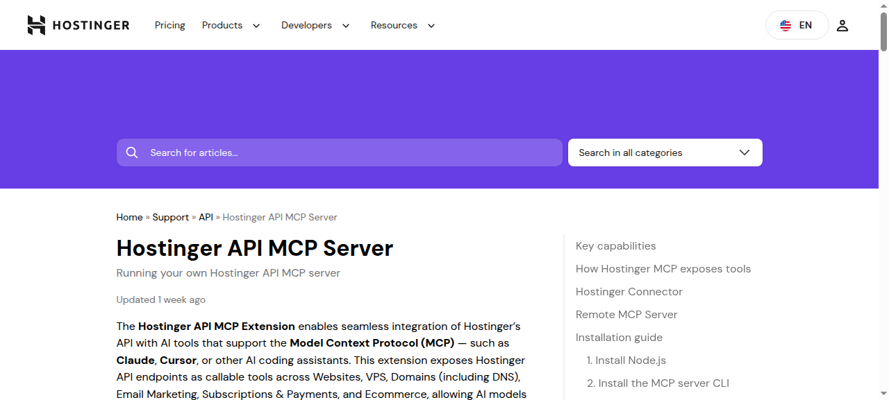 Hostinger API MCP Server support page explaining how the extension exposes Hostinger API endpoints for websites, VPS, domains, email and ecommerce as tools for Claude and Cursor