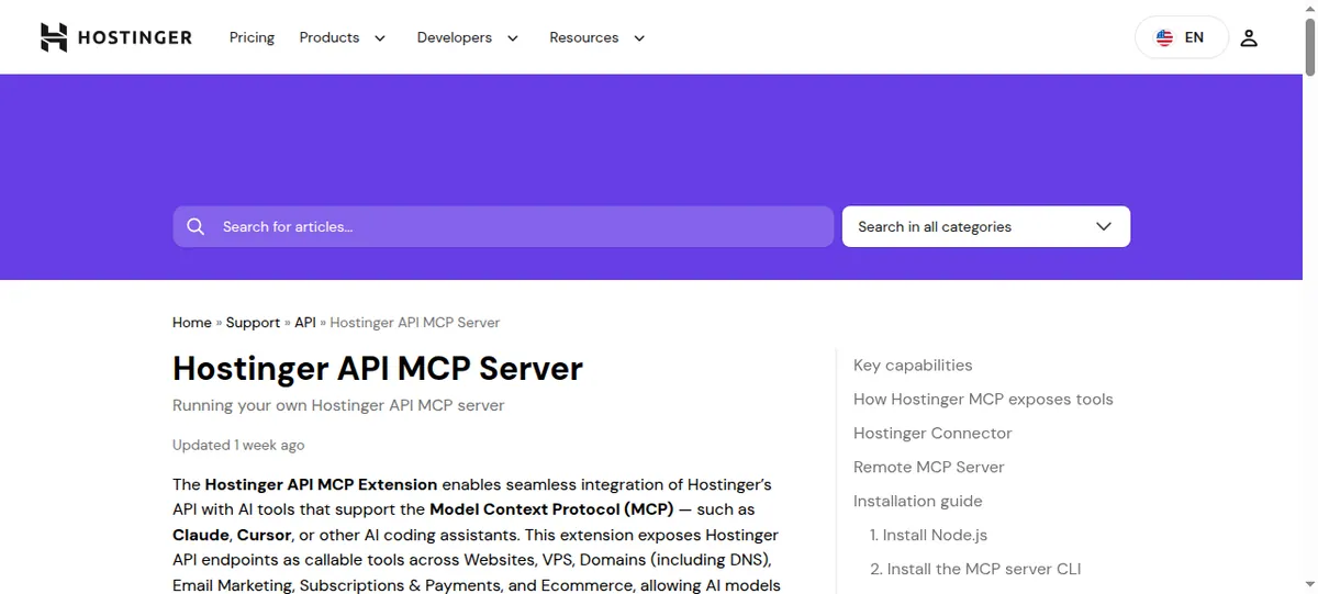 Hostinger API MCP Server support page explaining how the extension exposes Hostinger API endpoints for websites, VPS, domains, email and ecommerce as tools for Claude and Cursor