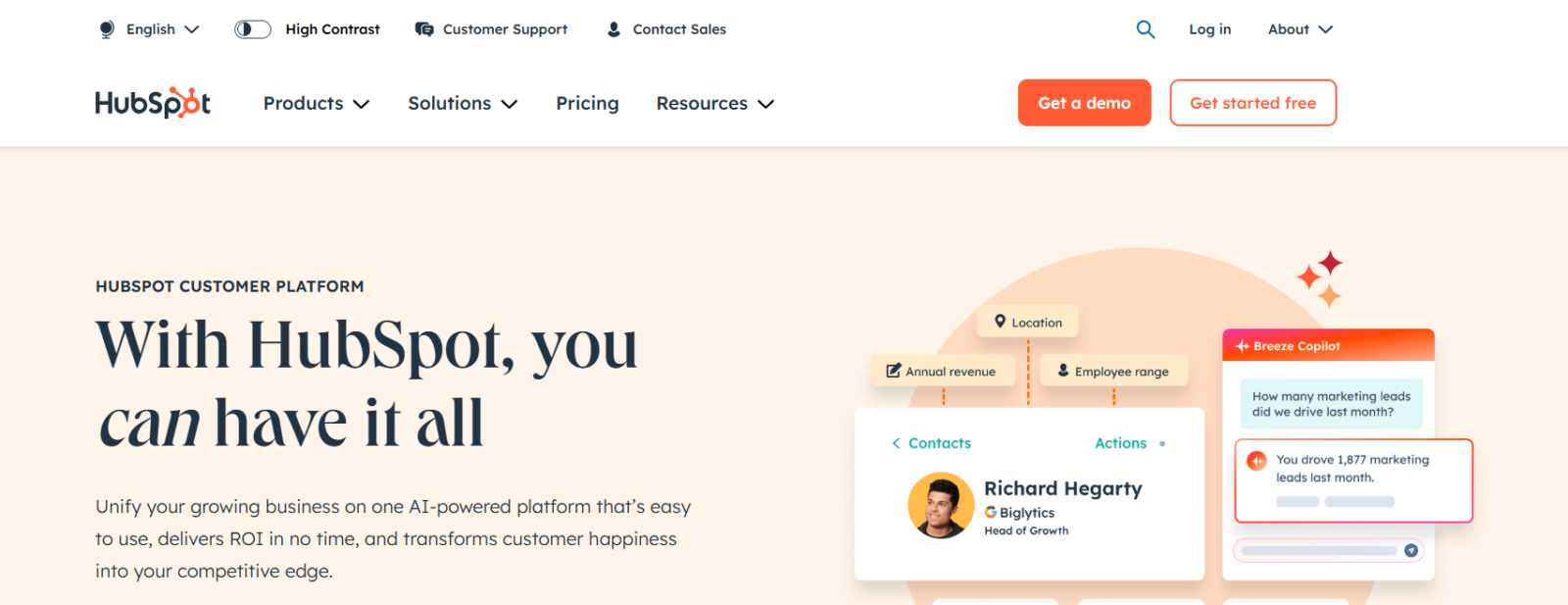 HubSpot customer platform home page