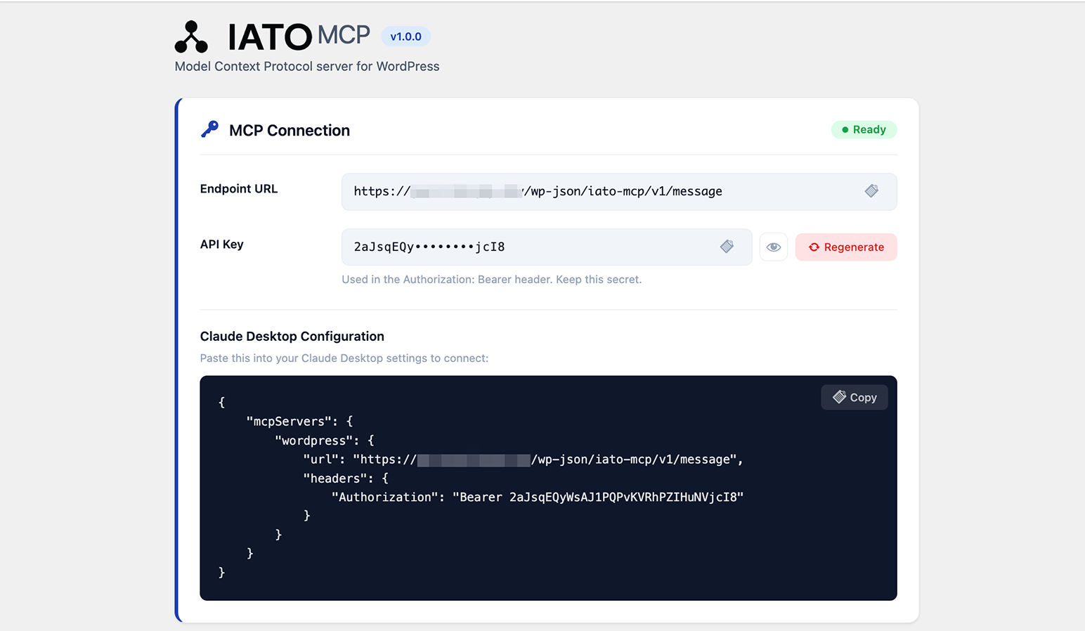 IATO MCP settings page with the MCP endpoint URL and API key for connecting an AI client
