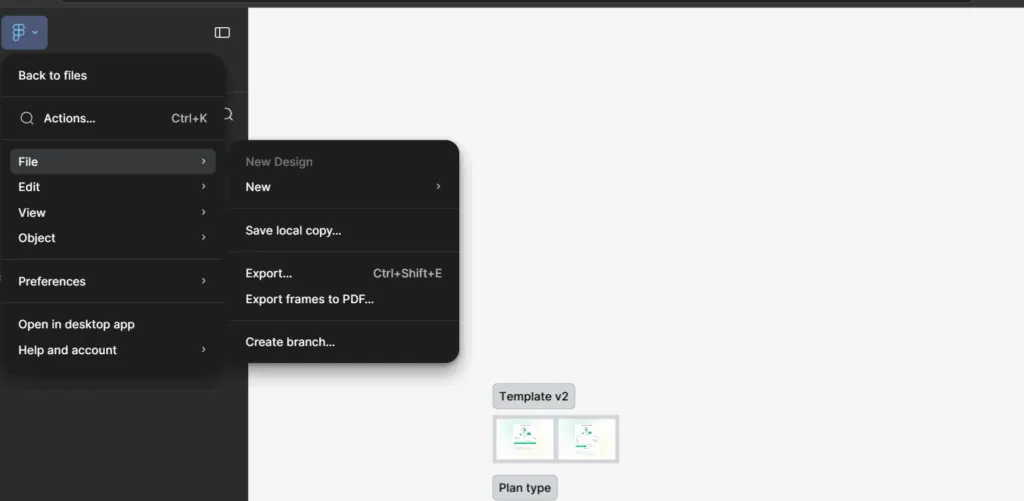 A Figma file with the File menu open on Save Local Copy, the step that produces the .fig file Claude Design reads