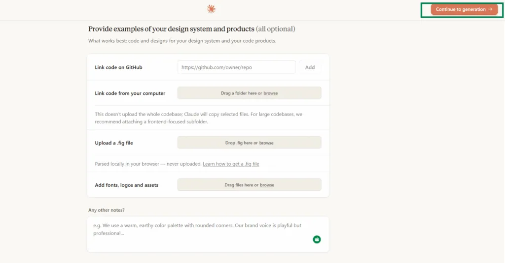 The Claude Design system finishing generation after the Figma file and brand assets have been uploaded