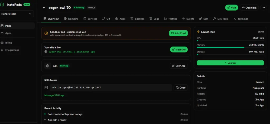A running n8n instance deployed on InstaPods with an HTTPS URL and SSH access