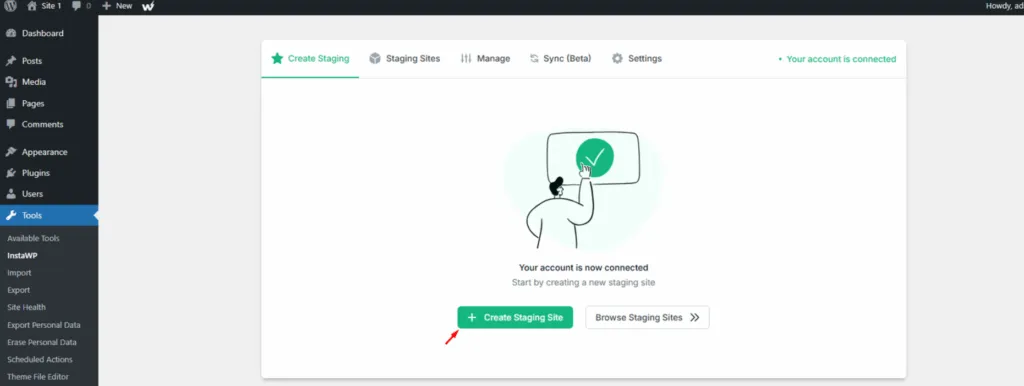 InstaWP Connect plugin screen in wp-admin with the option to create a staging site of the live site
