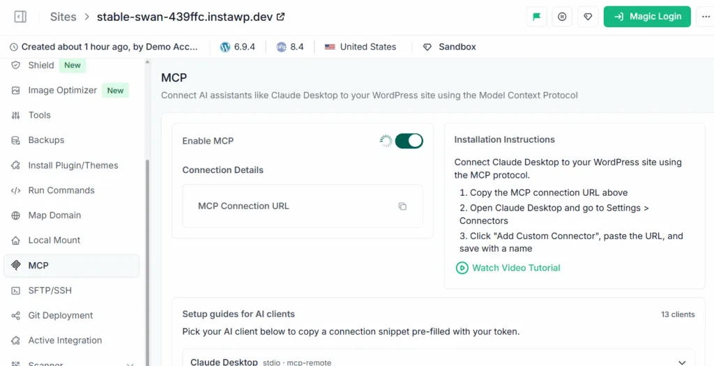 InstaWP site MCP panel with Enable MCP switched on and the connection URL ready to copy