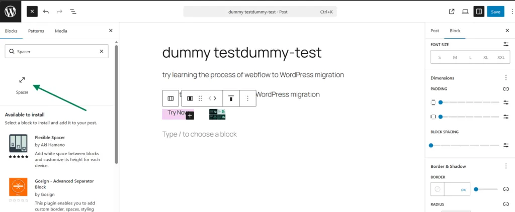 Inserting a Spacer block from the block inserter in the WordPress editor