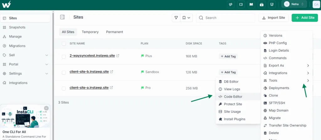 InstaWP Sites list with Tools and Code Editor selected from the site actions menu