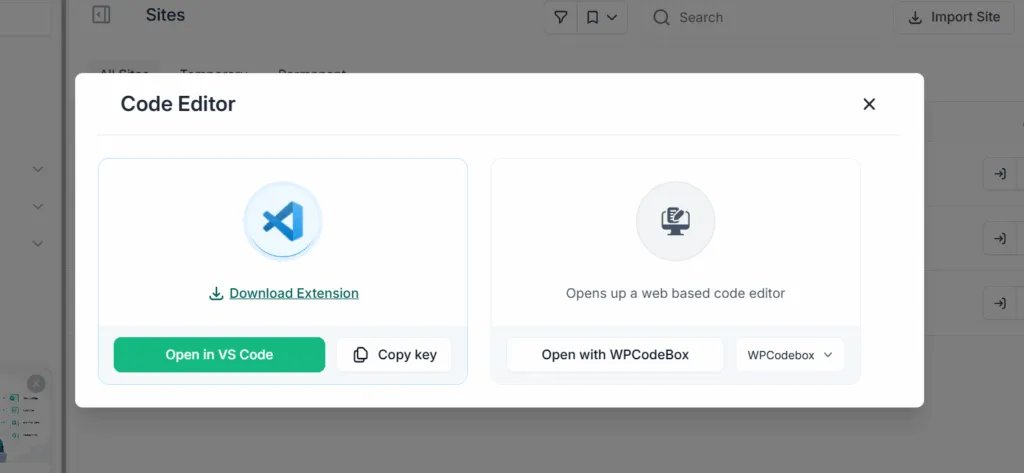 InstaWP Code Editor dialog offering VS Code and WPCodeBox