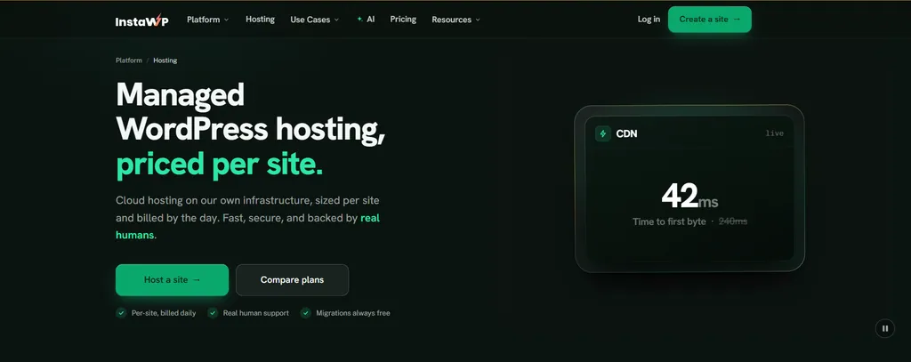 InstaWP managed WordPress hosting page: priced per site, billed daily