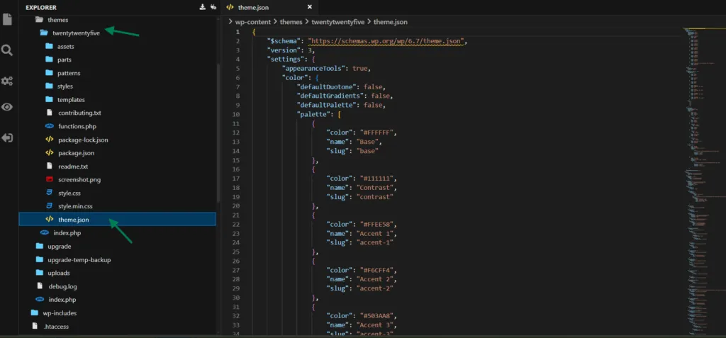 WPCodeBox file tree open on a theme's theme.json file