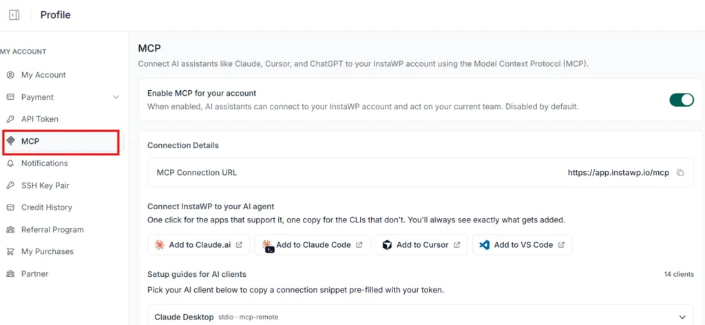 InstaWP account MCP settings: Enable MCP for your account toggle and the app.instawp.io/mcp connection URL