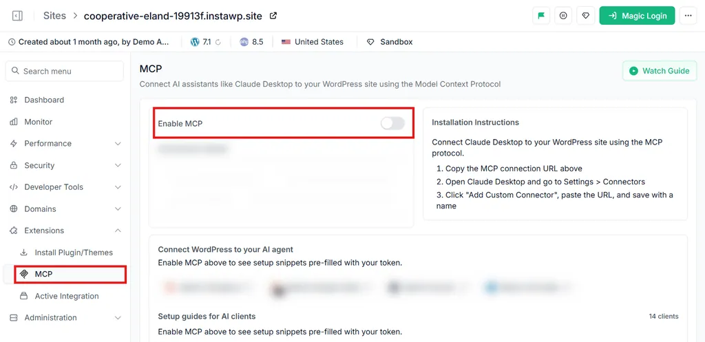 InstaWP site dashboard MCP panel with the Enable MCP toggle and setup guides for 14 AI clients