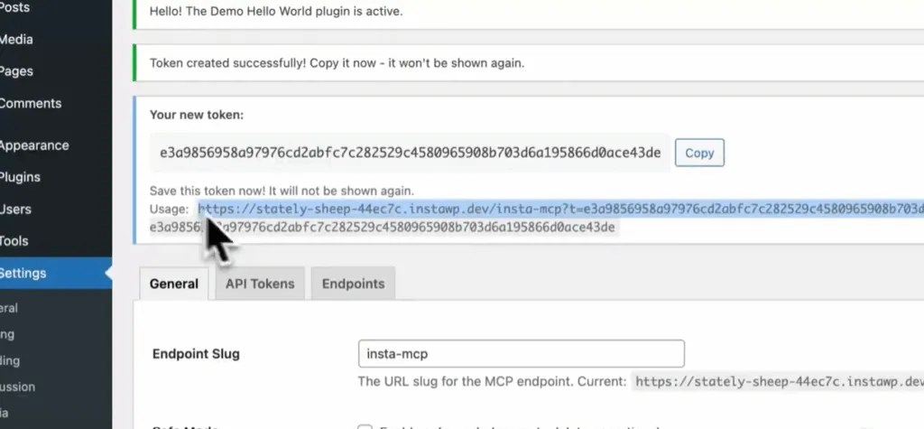 Copying the newly generated InstaMCP server URL from the InstaMCP settings screen
