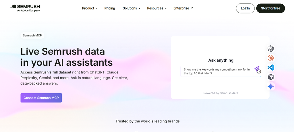 Semrush MCP landing page: live Semrush data in your AI assistants, with a Connect Semrush MCP button
