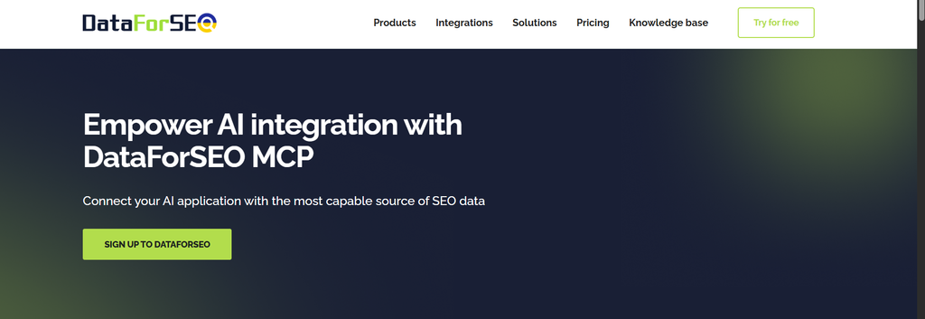 DataForSEO MCP landing page with a Sign up to DataForSEO button