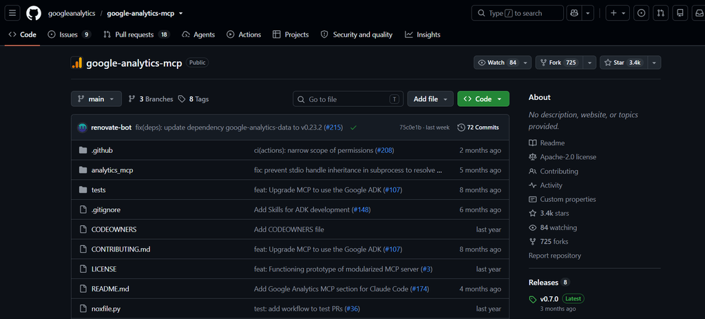 GitHub page for googleanalytics/google-analytics-mcp, Google's Analytics MCP server, latest release v0.7.0
