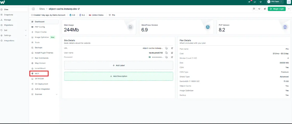 InstaWP Site Details page with the MCP option highlighted in the left sidebar