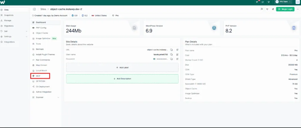 InstaWP site dashboard with the MCP item highlighted in the site sidebar