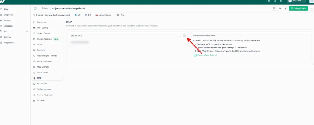 Toggle switch used to enable the WordPress MCP server on an InstaWP site