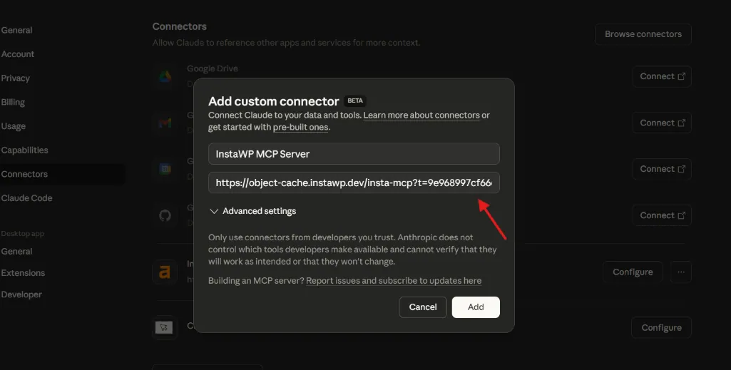 Claude Desktop settings with the custom connector dialog open for the WordPress MCP server URL