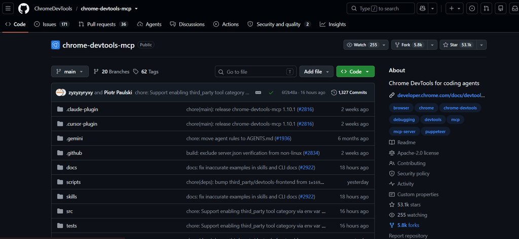 GitHub page for ChromeDevTools/chrome-devtools-mcp, Google's Chrome DevTools MCP server, with 53.1k stars