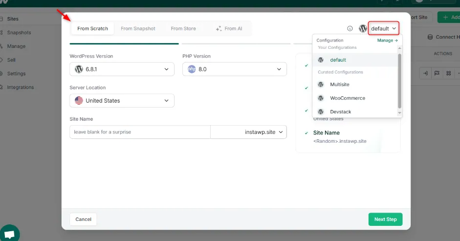 InstaWP dashboard Sites page where you create or open a WordPress site