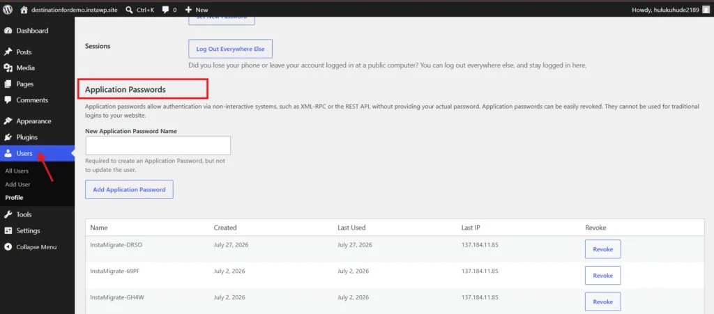The WordPress Users profile screen with the Application Passwords section highlighted