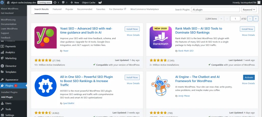 Searching for the AI Engine plugin in the WordPress Add Plugins screen